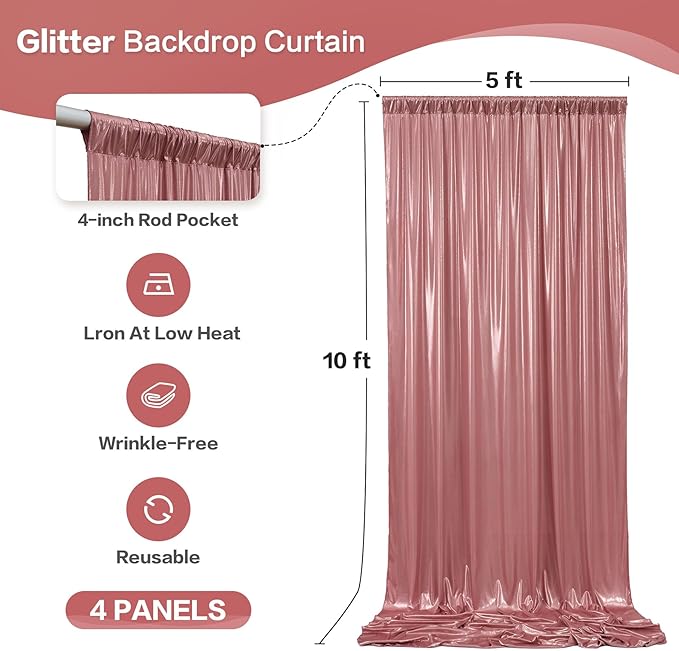gogoparti 20x10FT Rose Gold Sequin Backdrop Curtain - 4 Panels of 5x10FT Wrinkle-Free Glitter Drapes for Photography, Birthdays, Weddings & Graduations