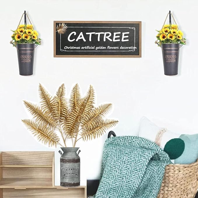 CATTREE Artificial Plants Gold Persian Grass Tall 29" 2 Pack, Fake Golden Palm Leaves Plastic Fern Boston Bushes Faux Shrubs Simulated Tropical Leaf for Party Decorations Wedding DIY Christmas Décor