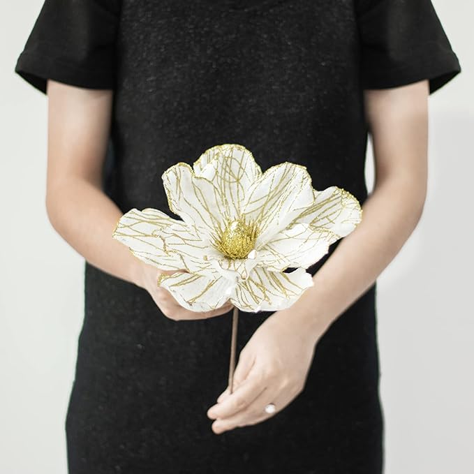 KI Store Christmas Poinsettia Artificial Velvet Magnolia Flower White and Gold Floral Picks Stems for Christmas Tree Decoration Pack of 6 for Xmas Tree Wedding Centerpiece