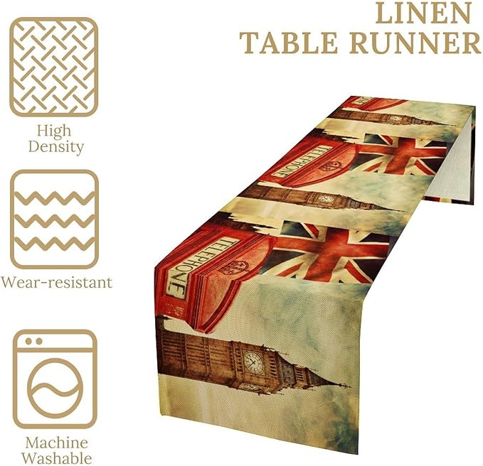 British Table Runner, Seasonal Vintage Buildings England London Culture Element Coffee Table Center Decor for Home Kitchen Dining Patio Holiday Party Table Decorations 13x90 inches
