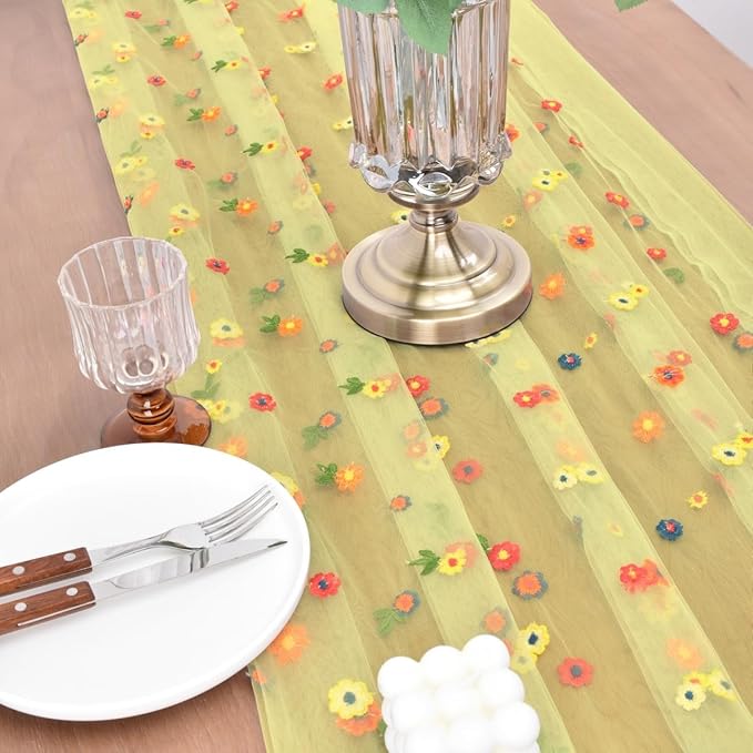 Joanlody 3pcs Yellow Embroidery Daisy Christmas Table Runner Florals Seasonal Tulle Table Runner Holiday Kitchen Dining Table Decoration Wedding Party
