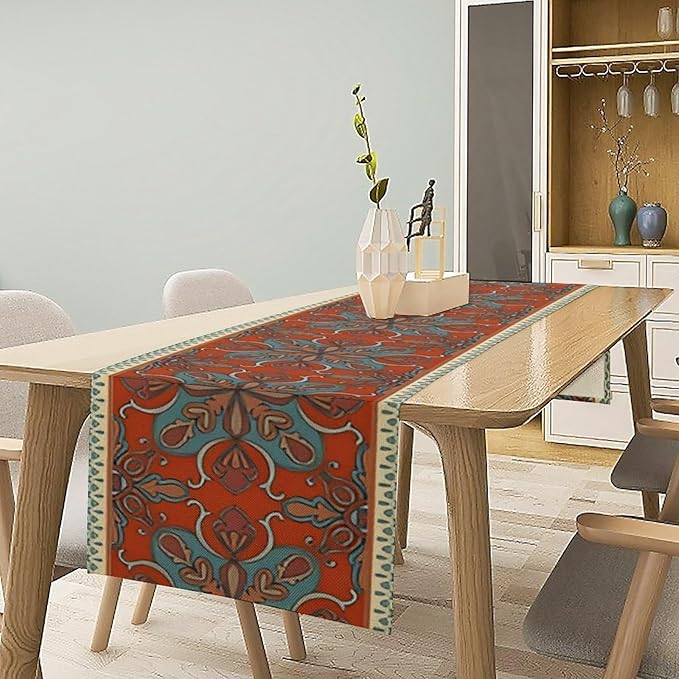 Boho Floral Table Runner, Burnt Orange Blue Traditional Ethnic Flower Vintage Farmhouse Table Runner for Kitchen Dining Wedding Party Decor, 13x90 Inch