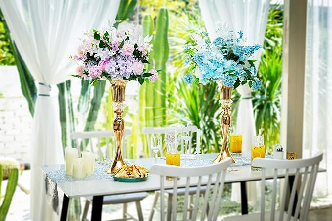 22in Gold Vases for Centerpieces, 2Pcs Metal Tall Trumpet Vases Wedding Reception Centerpieces, Crystal Flower Vase for Table Wedding Party Event Home Decor