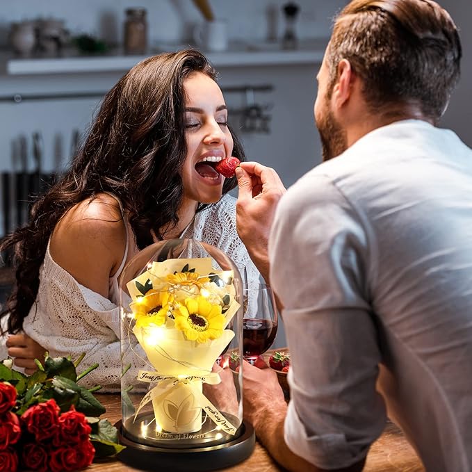 Christmas Sunflower Gifts for Her,Flower Rose in Glass Dome with 2 Lighting Mode,Sunflower Gifts for Mom,Artificial Forever Flowers Xmas Birthday Gifts for Women Mom Wife Girlfriend Sister Friend