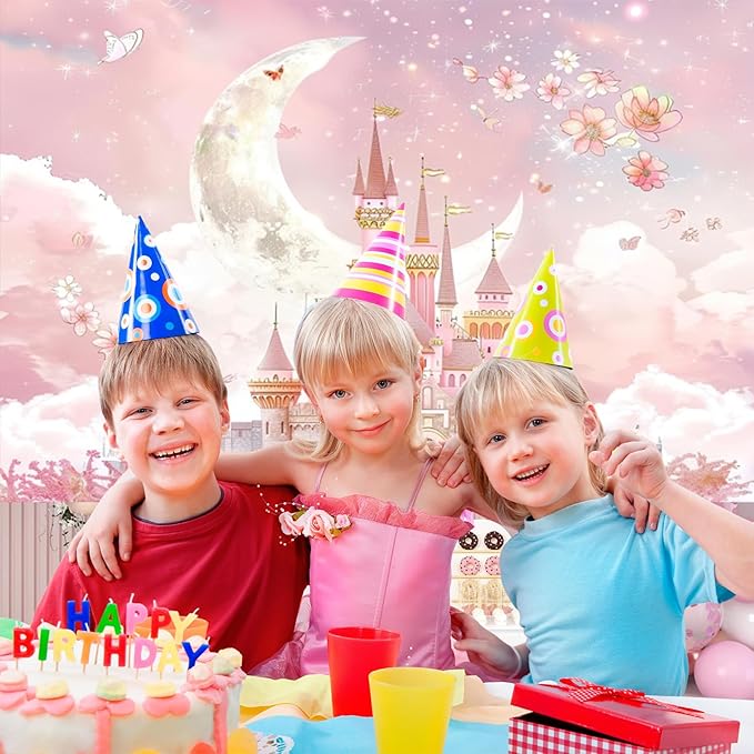 AOFOTO 5x3ft Princess Pink Castle Backdrop Floral Castle Backdrop for Photography Moon Clouds Flowers Fantasy Fairy Tale Party Decoration Banner Girls Newborn Baby Shower Birthday Photoshoot Props