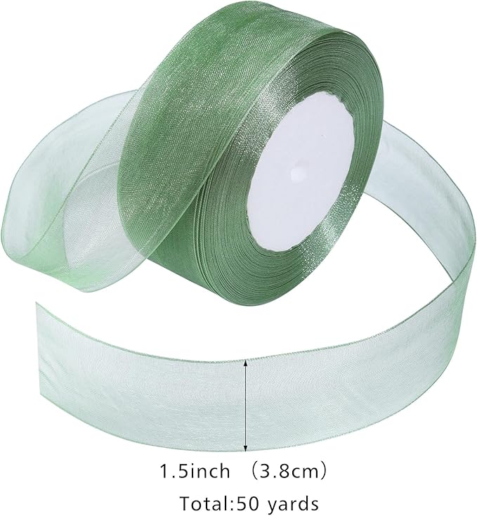 Sage Green Ribbon for Gift Wrapping 1-1/2 inch Sheer Organza Ribbon for Flower Bouquet Tulle Chiffon Ribbons for Wedding Invitations Christmas Decorations Crafts 50 Yards