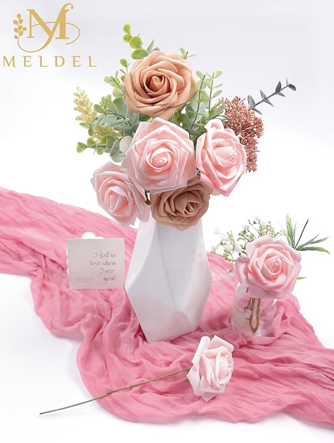 Meldel Artificial Flowers 25pcs Real Looking Blush Foam Fake Roses with Stems for DIY Wedding Bouquets Bridal Shower Centerpieces Floral Arrangements Home Decorations