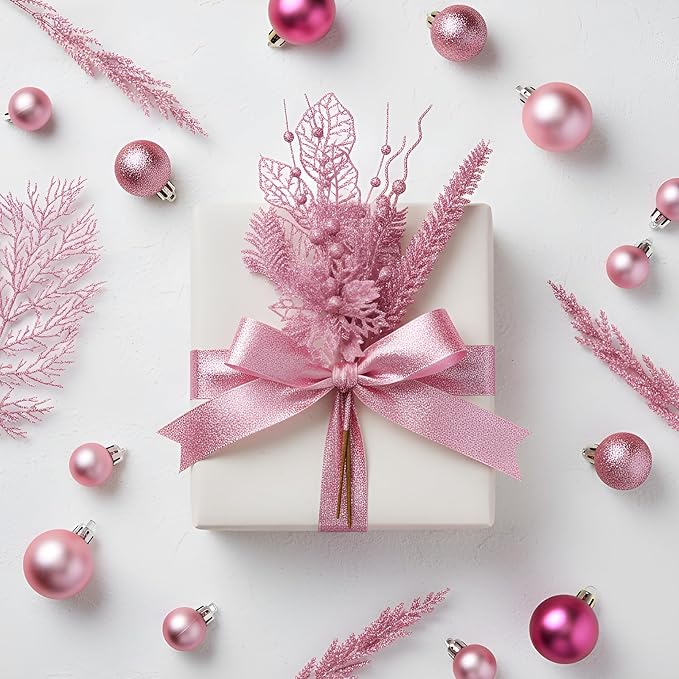 30 Pcs Artificial Christmas Tree Picks and Sprays Glitter Berry Stem Branches Holly Floral Picks Twigs Christmas Tree Ornaments for DIY Xmas Wreath Vase Filler Decorations(Pink)