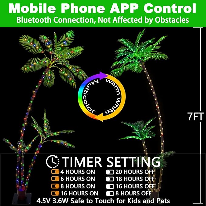 7FT Lighted Artificial Palm Tree with Three Trunks and 242 LED Lights with Remote Control and App Waterproof for Tiki Bars, Patios,Beaches,Yards Pool, Cruise Party-Warm White to Multicolor