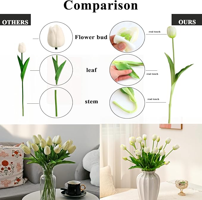 Artificial Flowers 20pcs Fake Tulips Real Touch, Faux Latex Tulips Flowers with Gift Box Soft Faux Tulips Bouquets Arrangements for Party Wedding Home Room Decoration(White)