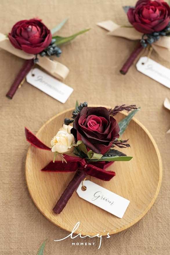Ling's moment Boutonniere for Men, 6pcs Groom Groomsmen Boutonniere, Artificial Flowers for Wedding Decor/Prom/Homecoming, etc.Black Baccara Burgundy
