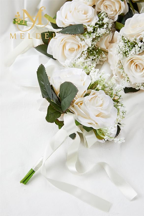 Meldel 6.5 Inch Bridesmaid Bouquet Set of 6, Ivory Wedding Bouquets for Bridesmaids, Small Bridesmaid Bouquets for Wedding, Artificial Wedding Bouquet Flower, Floral Wedding Centerpieces