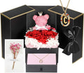Cute Preserved Real Roses Bear Gift Box for Girlfriend with Initial Necklace C, Unique Birthday Gift for Mom, Her, Grandma, Anniversary Presents for Wife Women