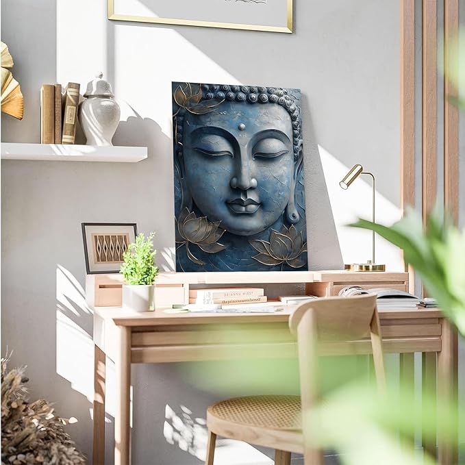 Canvas wall art Golden lotus crown Serene Buddha poster Ethereal blue toned art with delicate floral decor Zen wall art for a tranquil meditation space 20x30in Frameless