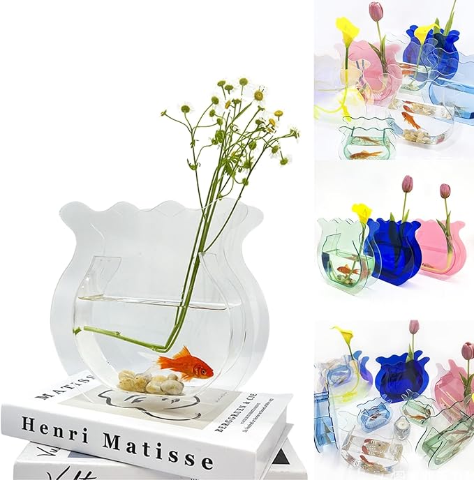 Acrylic Fish Bowl Flower Vase for Small Fish or Plant, Clear Dual-Purpose Decorative Vase for Home Office Desk, Modern Bud Design Tabletop Décor (Transparent, Regular Size)