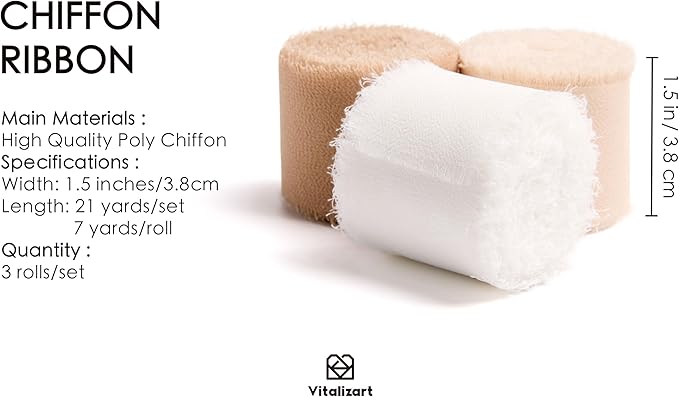 Vitalizart Handmade Chiffon Silk Ribbon Fringe 1.5" x 21 Yd White & Camel Frayed Edges Ribbons for Wedding Invitations Bridal Bouquets Gifts Wrapping Crafts Holiday Party Decorations