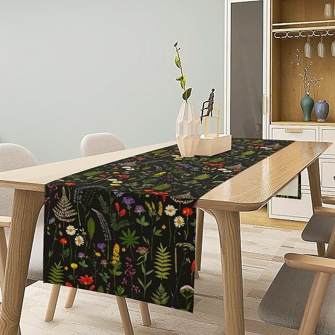 Rustic Field Table Runner, Vintage Farmhouse Natural Forest Wildflowers Plants Herb Print Kitchen Dining Table Decor Seasonal Home Decoration Indoor Outdoor Party, 13x120inch