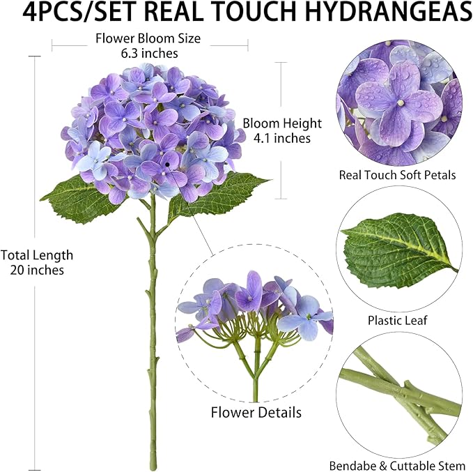 4 Pcs Purple Real Touch Hydrangeas Artifical Flowers 20'' Long Stem Flower for Home Decor Spring Table Centerpiece Party Kitchen Living Room Wedding Decor