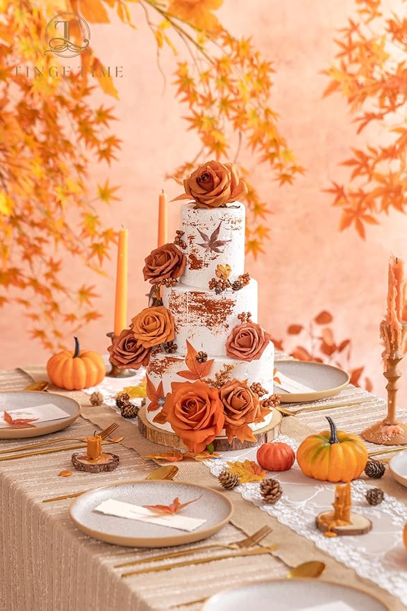 TINGE TIME Artificial Flowers 24pcs Real Looking Silk Flowers Fake Rose with Stems for DIY Wedding Bouquets Burnt Orange Bridal Shower Centerpieces Party Decorations (Maple Red A)