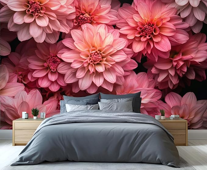 Pink Dahlia Floral Wall Mural, Blush Pink Dahlia 3D Wall Murals, Romantic Floral Wallpaper Mural, for Living Room Bedroom Large Wallpaper Indoor Decor 197" W x124.8 H