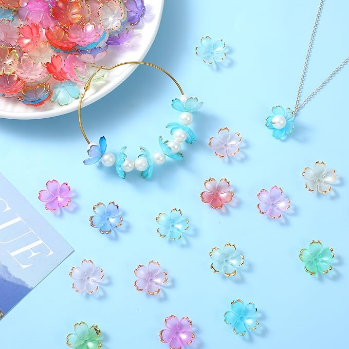 100 Pcs Flower Beads, 5-Petal Acrylic Spacer Beads Mini Golden Edge Floral Shaped Bead for Making DIY Craft, Jewelry Charms, Bracelets, Necklaces, Earrings (Colorful Gradient)