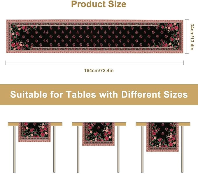 Romantic Rose Table Runner, Black Red Floral Blossoms Farmhouse Rustic Decor Table Runner for Kitchen Dining Home Party Wedding, 13x108 Inch