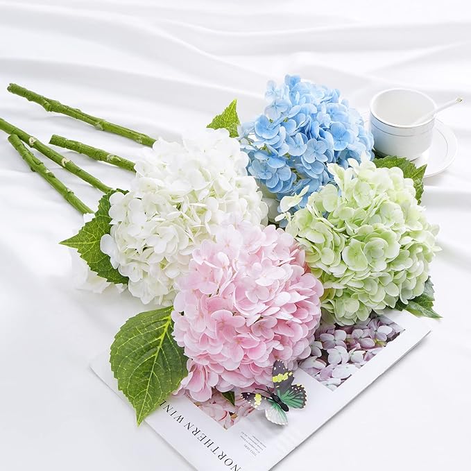 Waipfaru 21" Real Touch White Hydrangea Artificial Flowers with Long Stem & Leaves, Full Latex Faux Hydrangea Flowers for Home Decor Party Floral Arrangements Wedding Bouquets Centerpieces, 4Pcs