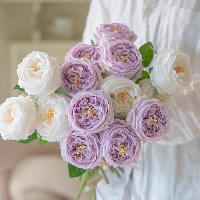 DUYONE White 4pcs Fake Flowers for Decoration Home Decor Real Touch Artificial Flowers Austin Rose Peony Latex Fake Flower Living Room Decoration Vivid Pink Roses Peonies(White 4pcs)