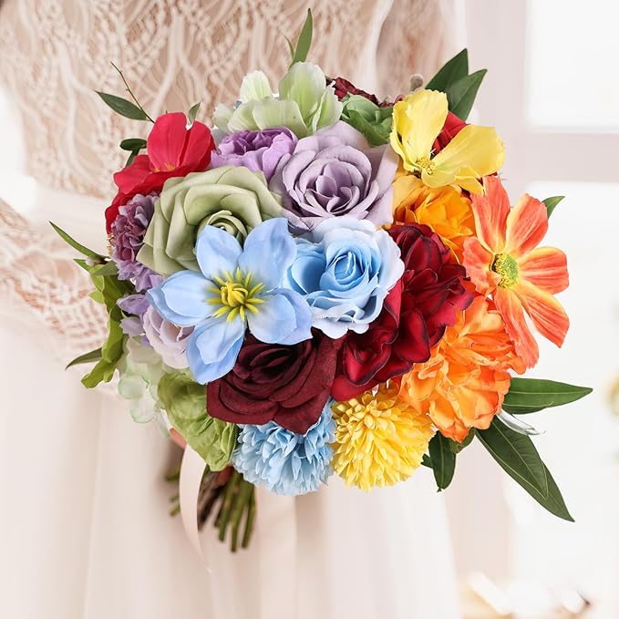 Artificial Flowers Combo Box Set Rainbow Colorful Fake Floral Arrangements Artificial Flower Bouquets Party Bridal Baby Shower Centerpieces Home Decor