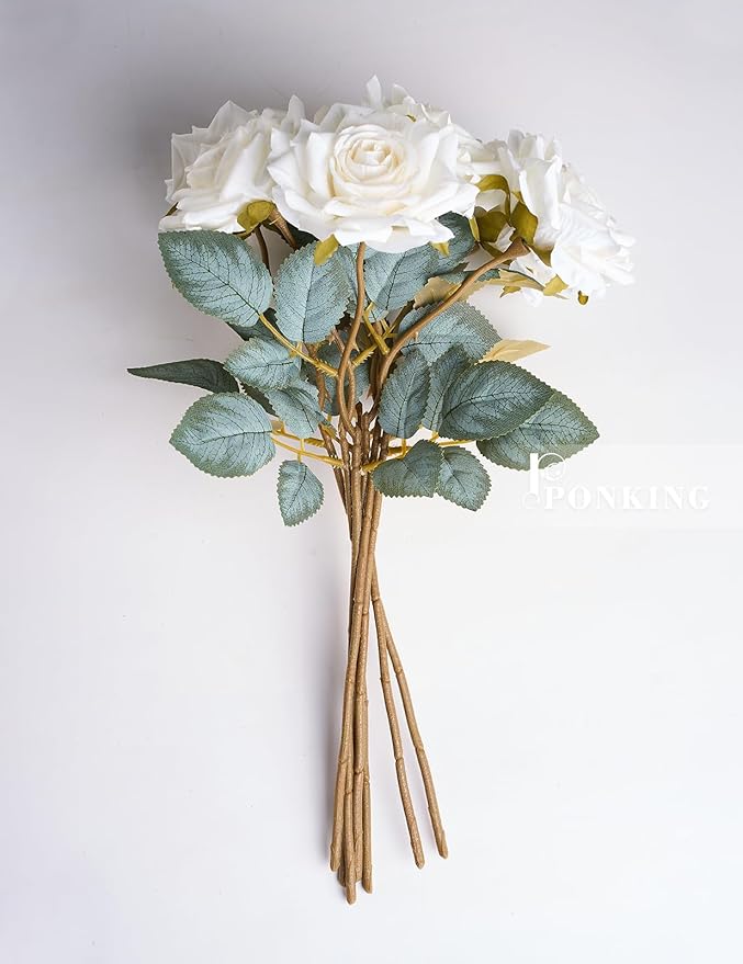 3.1"(8cm) Manta Rose Artificial Flower 7pcs Realistic Faux Silk Roses Fake Flowers Bouquets Arrangements Decor for Wedding Spring Mother's Day, Home Table Decorations, White Flower