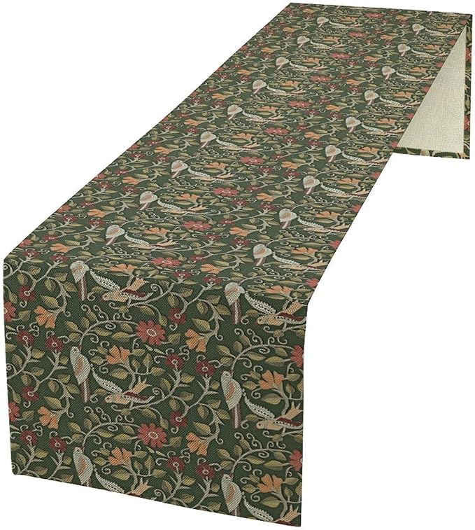 William Morris Table Runner, Vintage Boho Green Botanical Flowers Birds Tabletop Decoration for Kitchen Dining Indoor Outdoor Home Holiday Party, 13x70 Inch
