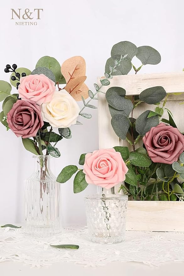 N&T NETING Artificial Flowers Roses 25pcs Real Looking Fake Spring Roses Stem for DIY Wedding Bouquets Centerpieces Arrangements Home Decorations Party Baby Shower Shades of Dusty Rose, Pink & Cream