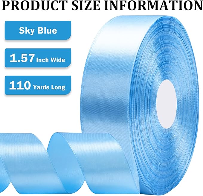 XSEINO 110 Yards Ribbon,1 1/2 Inch Sky Blue Satin Ribbon for Flower Bouquet, Gift Wrapping, Ribbons for Crafts, Hair Bows Making, Wedding Party Decoration, Sewing, Invitation Cards, Christmas
