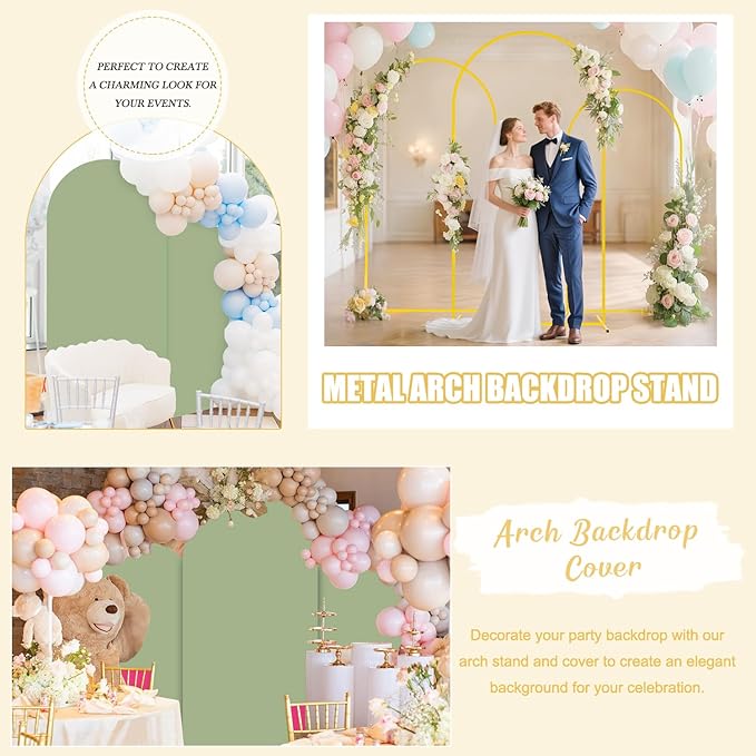 FUHSY Set of 3 Wedding Arch Backdrop Stand and Cover Set 7.2FT, 6.6FT, 6FT Metal Arch Backdrop Stand with Sage Green Spandex Arch Stand Cover Wedding Arches Frame for Birthday Bridal Baby Shower Event