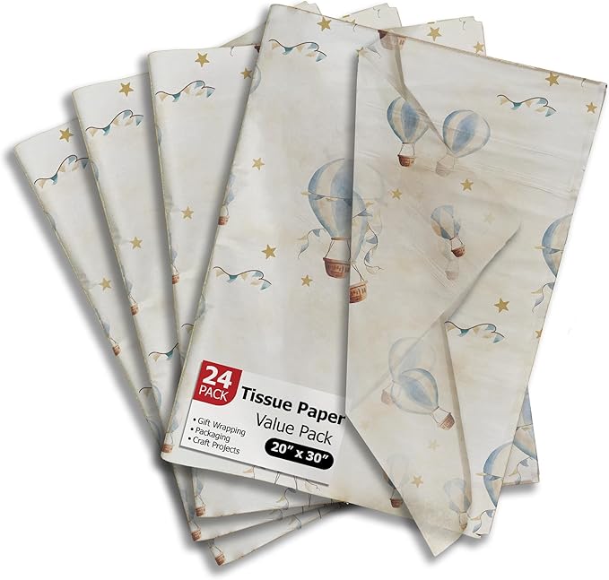 Pro Supply Global Hot Air Balloons Printed Tissue Paper for Gift Bags or Boxes and Wrapping - Baby Shower Bulk Decorative Art Tissue Paper for Packaging and Gifting | 24 Sheets 20" x 30"