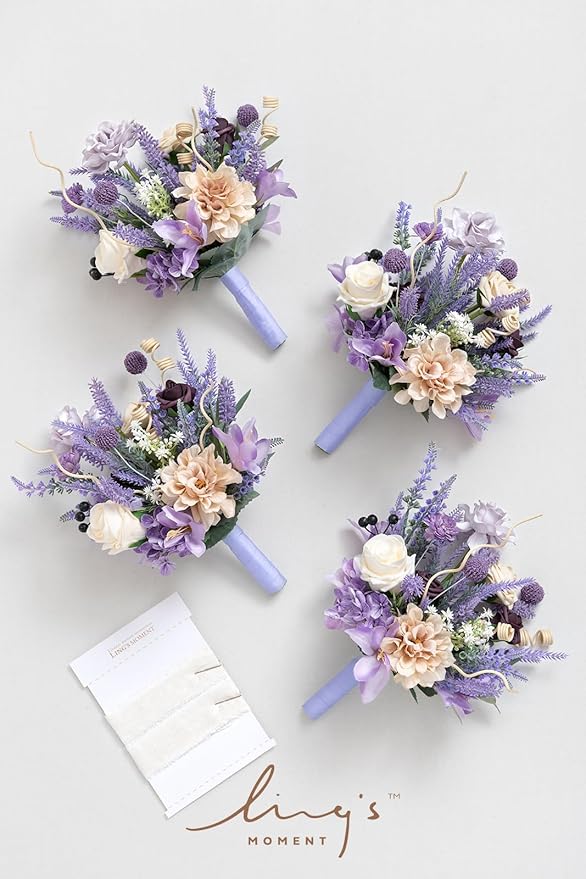 Ling's moment Artificial Flowers Purple Bridesmaid Bouquet Set of 4, Lavender Wedding Flowers Bouquets for Bridesmaids, 7 Inch Bridal Bouquets for Bridesmaids, Wedding, etc