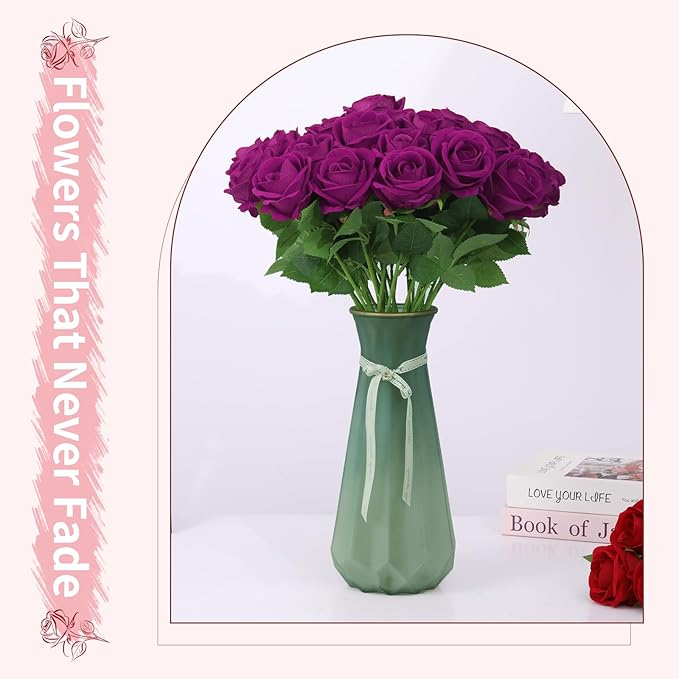 102 PCS Purple Roses Artificial Flowers, Fake Purple Roses, Purple Artificial Roses with Stems for Wedding Flowers Decoration, Valentines Roses, Wedding Decoration