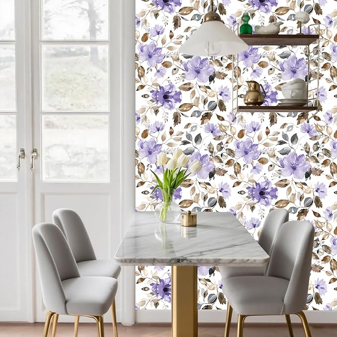Purple Floral Peel and Stick Wallpaper Modern Contact Paper Waterproof Removable Self Adhesive Botanical Flower Wall Paper for Bathroom Bedroom Cabinets Vinyl Wallpaper 17.7" X 124"