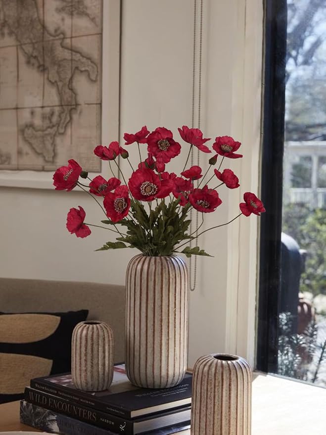 IPOPU Red Poppy Flowers 6pcs Artificial Poppies Faux Vintage Silk Flower Arrangements for Wedding Centerpieces, Home Table, Bridal Shower Party Decorations
