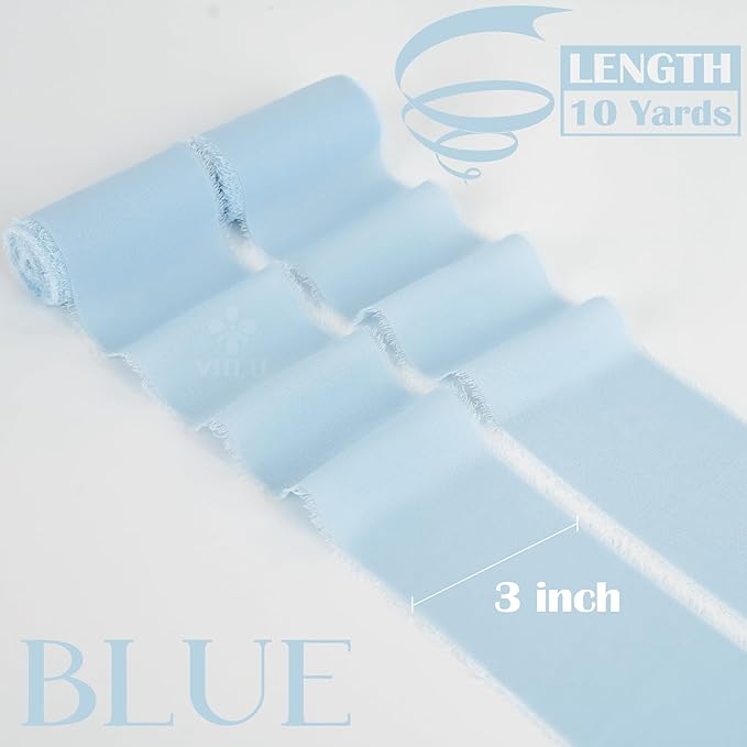 MEEDEE Light Blue Chiffon Ribbon 3 Inch Fringe Ribbons Baby Blue Chiffon Silk Frayed Edge Ribbon Wide Chiffon Ribbons for Crafts, Flower Bouquet, Wedding Favors Wrapping (2 Rolls 10 Yards)