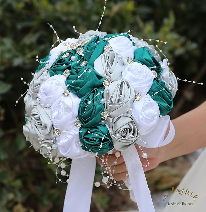 Bridal Wedding Bouquet Round Bling Brooch Bouquet Throw Toss Artificial Rose Flower Bunch for Bride Bridesmaid Wedding Quinceanera(Dark Green, Silver & White, 9.8")