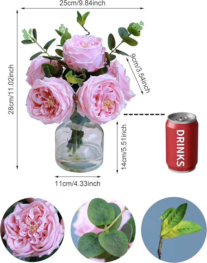 Forlaoers Real Touch Pink Floral Rose Fake Flower Bouquet in Fake Water Silk Flower Arrangements Artificial Flowers with Vase Centerpieces for Center Table Decor Dining Room House Kitchen Decorations