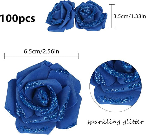 100pcs Royal Blue Glitter Roses 2.56" Foam Roses Glitter Flowers Blue Fake Roses Royal Blue Roses Artificial Flowers for Bridal Shower Centerpieces DIY Wedding Flower Arrangements (Royal Blue)