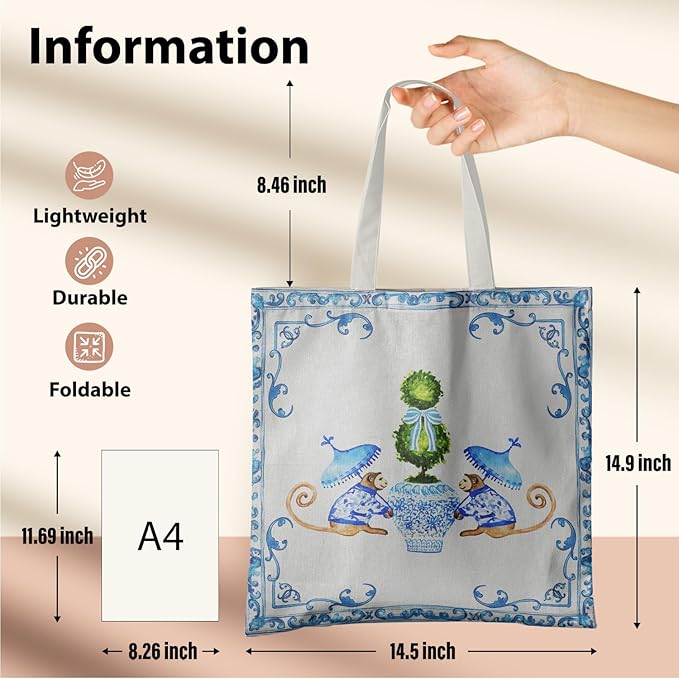 Blue and White Chinoiserie Prints Canvas Tote Bag for Women, Reusable Folding Shopping Bags with Handles