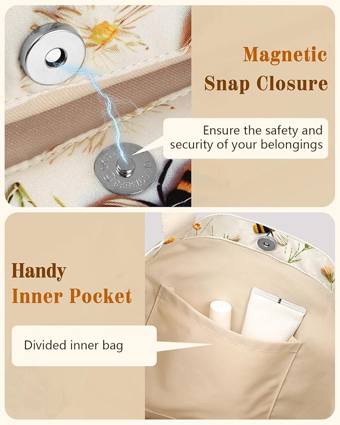 Aesthetic Cotton Tote Bag for Women - Reusable Shoulder Bag with Buckle Fabric Bag for Gym, Travel, Work