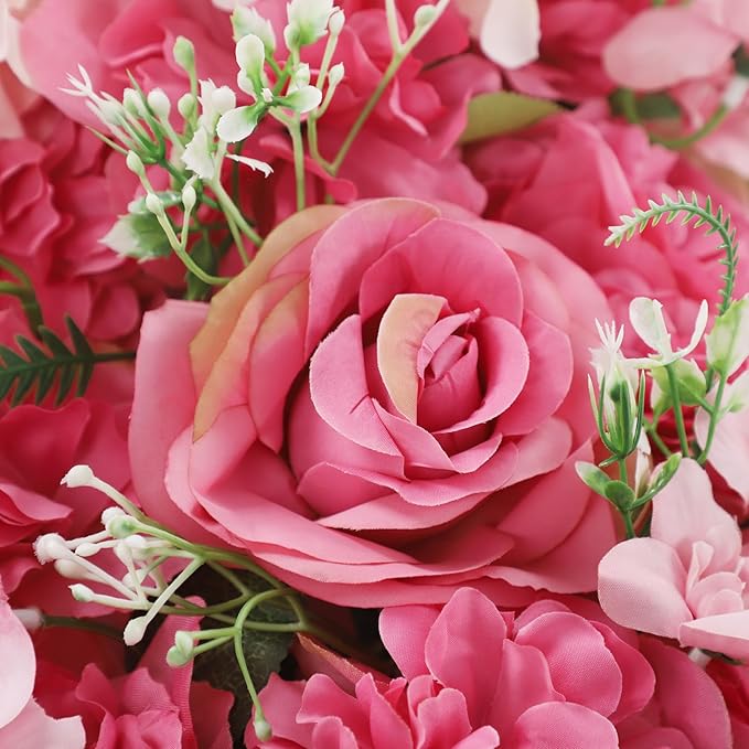 Flower Wall Panel Backdrop, 6pcs 20 X 8 Inch Artificial Floral Panels, Dahlia + Peony + Rose, 3D Fake Silk Flower Backdrop for Wedding Party Dining Table Centerpiece Decorations (Purple and Pink)