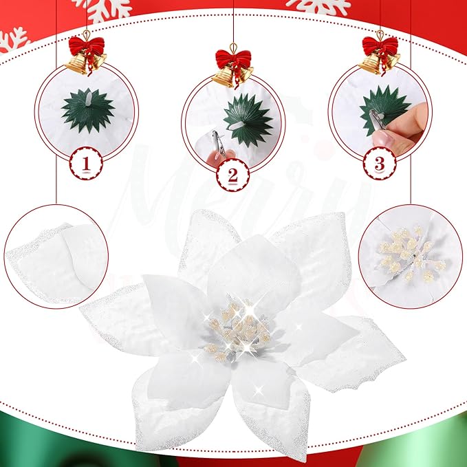 WILLBOND 24 Pcs 3 Size Poinsettia Flower Artificial Christmas Decor Glitter Poinsettia Christmas Ornaments Faux Flowers for Xmas Tree Outdoor(4/6/7.9 Inches,White)