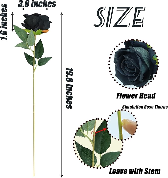 SITUMEIZI 15PCS Black Artificial Roses Silk Flowers Fake Roses Realistic Bouquet Long Stem with Gift Box for Mother's Gift Day Home Party Wedding Decorations
