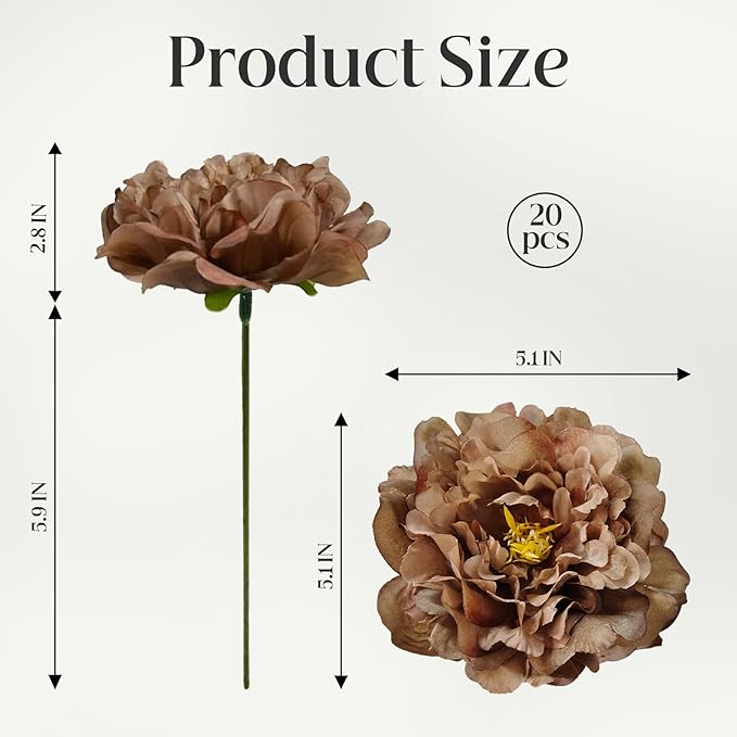 20pcs 5" Artificial Flower Peonies, Silk Peonies with 6" Stems, Flowers Suitable for Wedding Bouquets, Home Party Decoration (Coffee)