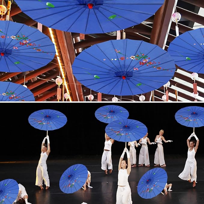33" Dark Blue Flower Silk Cloth Decoration Handmade Parasol Umbrella Chinese Japanese Asian DIY Art Dance Classical Umbrella for Wedding Parties Photography Costumes Cosplay (Dark Blue)